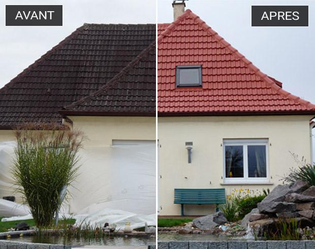Toiture en tuiles avant et après démoussage